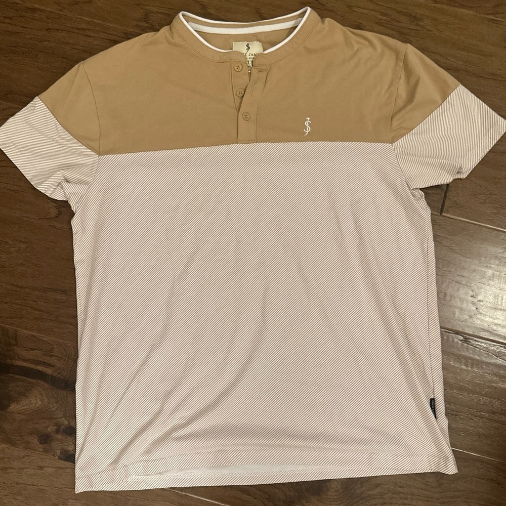 Scott James Men's SZ XL Tan and White crew neck Casual Shirt